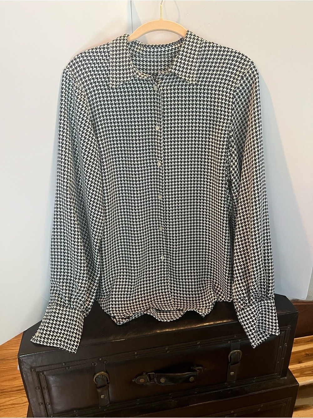 Chaps Black and White Houndstooth Button-Front Blouse